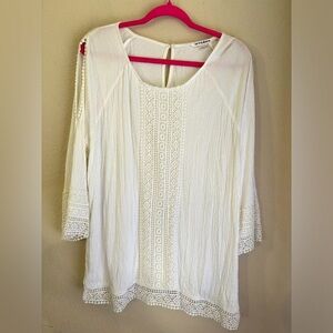 Peter Nygard White Gauze Embroidered Cut Out Shoulder Long Sleeve Tunic Top M